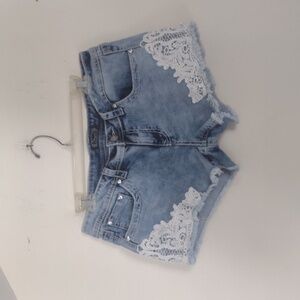 Shyanne denim jean shorts Size 33 blue lace & rhinestone-trimmed frayed